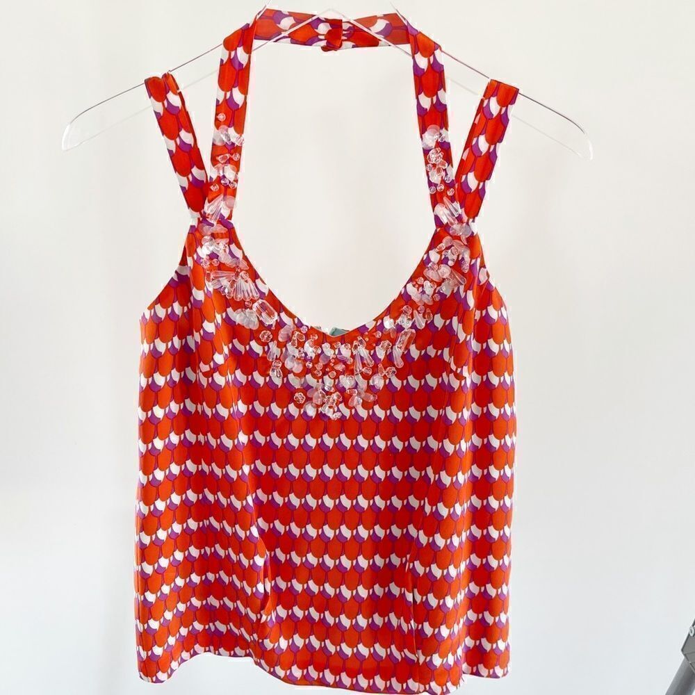 Nanette Lepore Beaded Silk Halter Tank Top 0